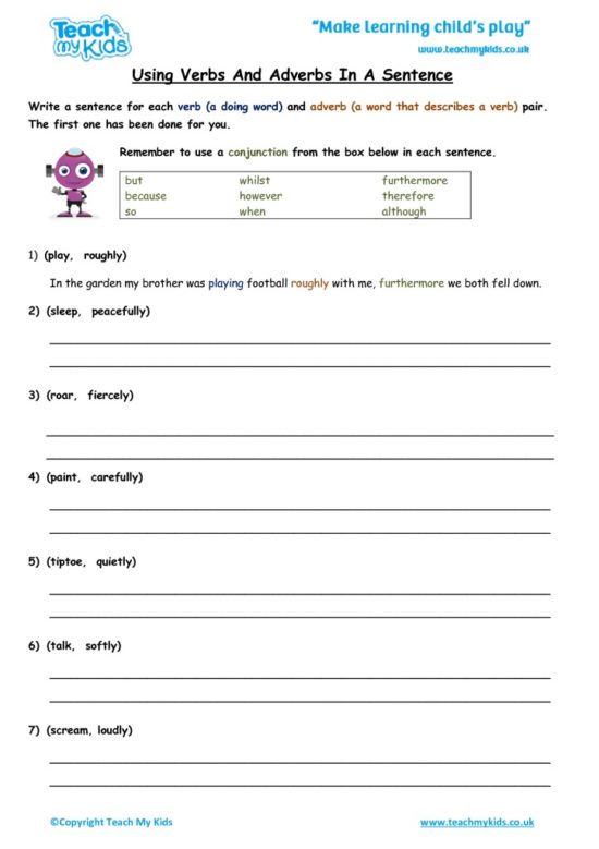 Worksheets for kids - using verbs and adverbs in sentences