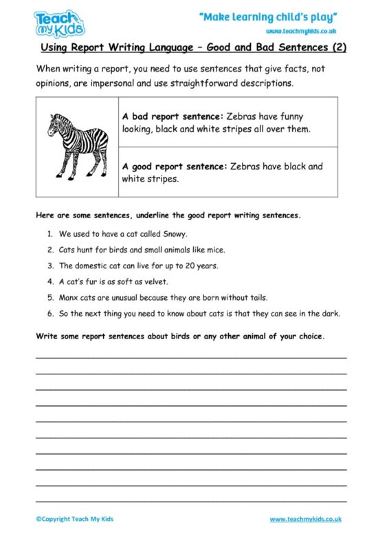 Worksheets for kids - using_report_writing_language_-_good,bad_sentences_2