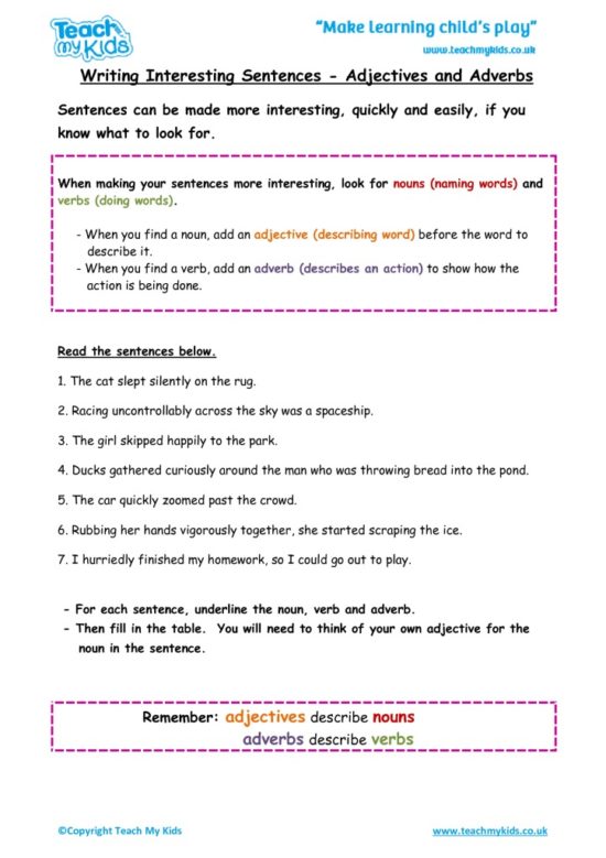 Worksheets for kids - writing-interesting-sentences-adjectives-adverbs