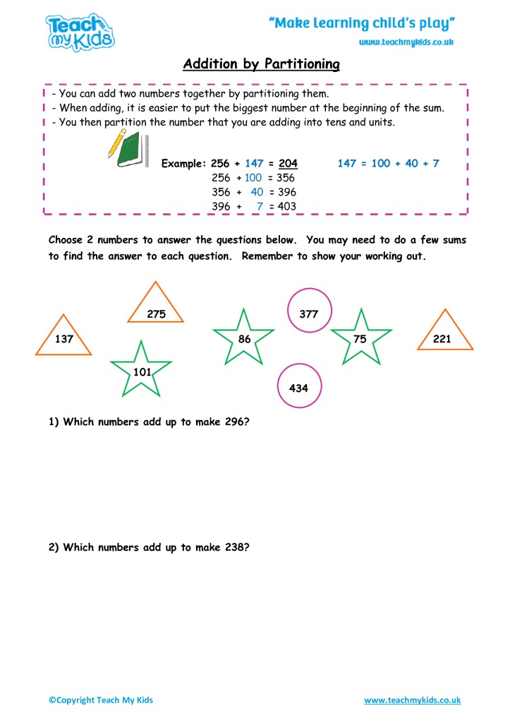 Addition By Partitioning Numbers Year 3 TMK Education