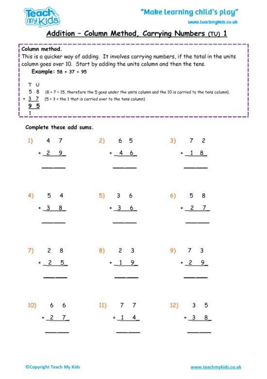 Worksheets for kids - addition-column-carrying-numbers-1