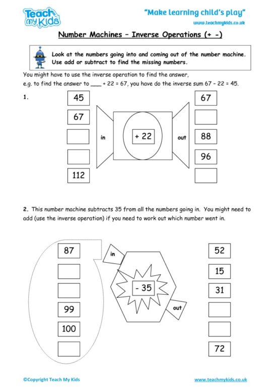 Worksheets for kids - number-machines-inverse-operations-+-