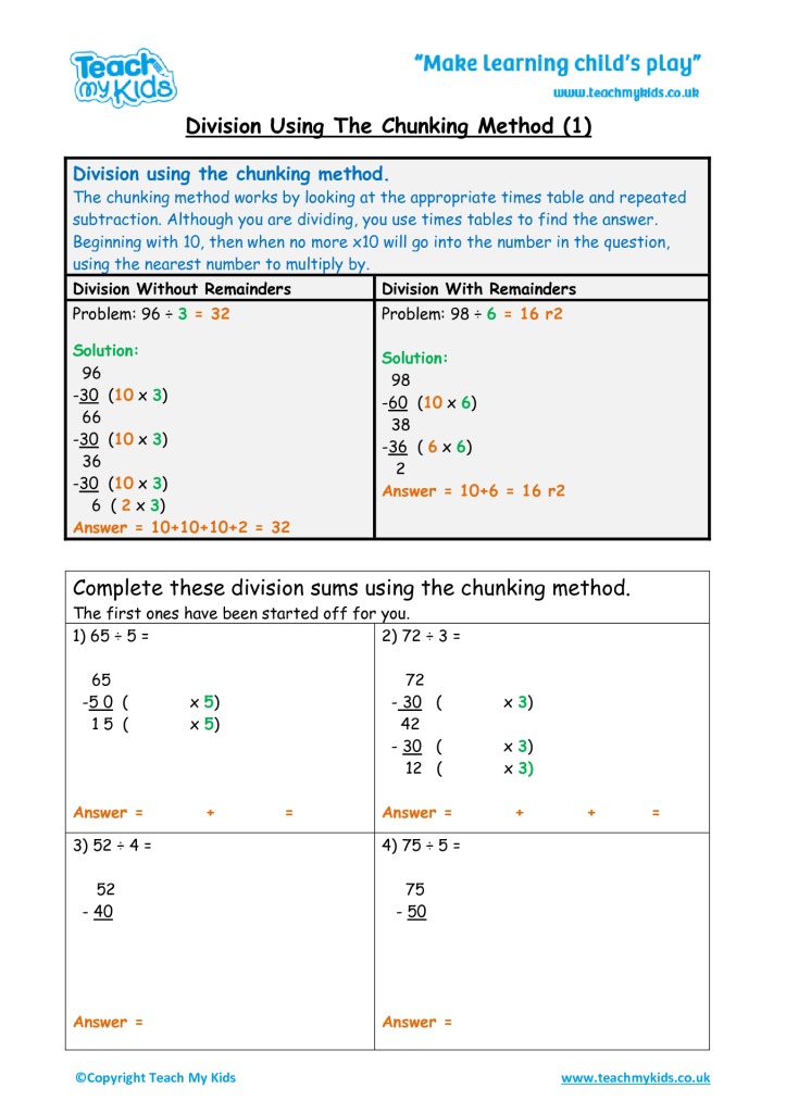 Division Using The Chunking Method 1 TMK Education