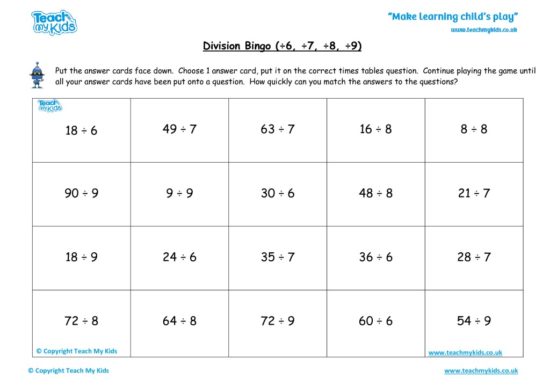 Worksheets for kids - times-tables-bingo-division-6-7-89