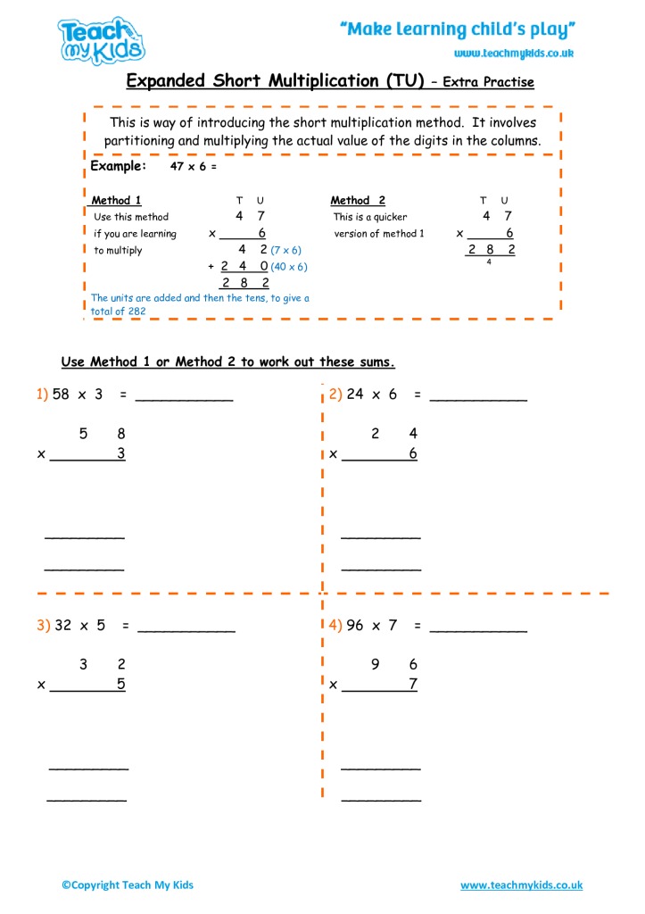 Short Multiplication Year 4 Worksheets