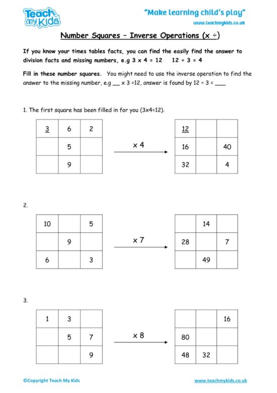 Worksheets for kids - number-squares-inverse-operations-times-divide