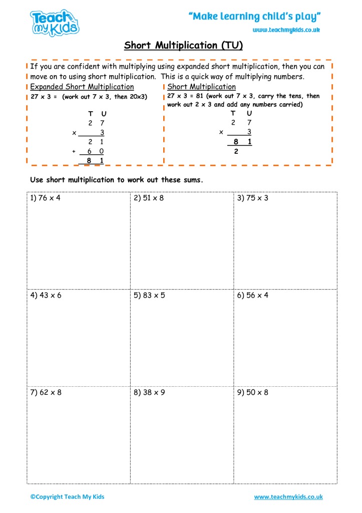 Short Multiplication Worksheets