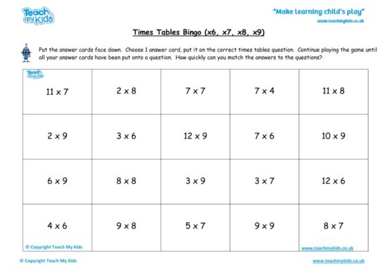 Worksheets for kids - times-tables-bingo-x6-x7-x8x9