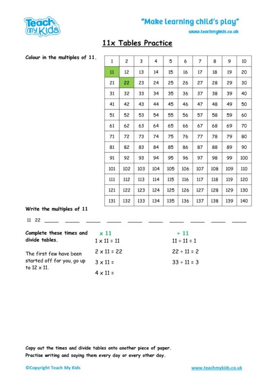 Worksheets for kids - x11_tables