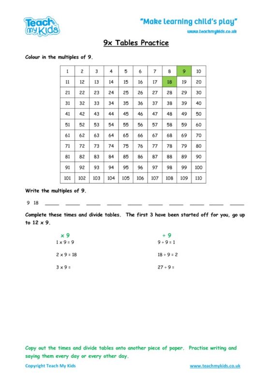Worksheets for kids - x9_tables