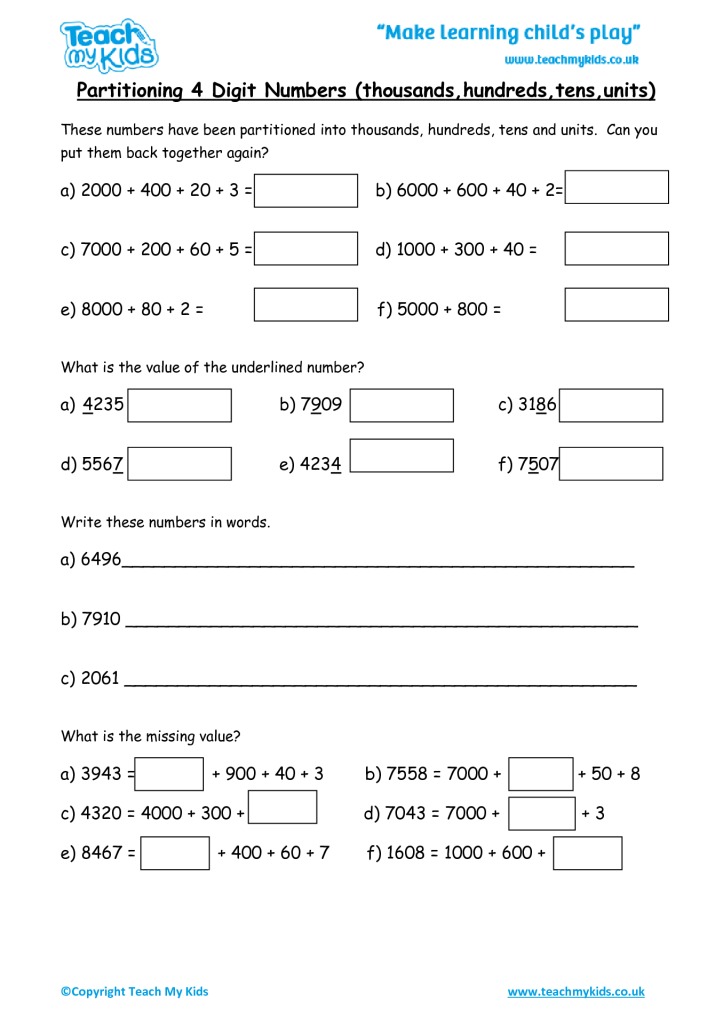 Partitioning 4 Digit Numbers In Different Ways Worksheet