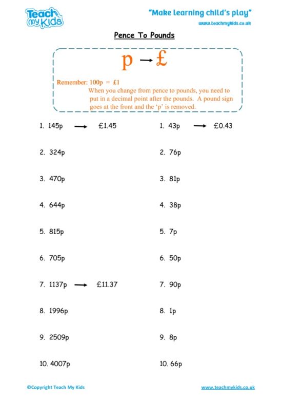 Worksheets for kids - pence-to-pounds