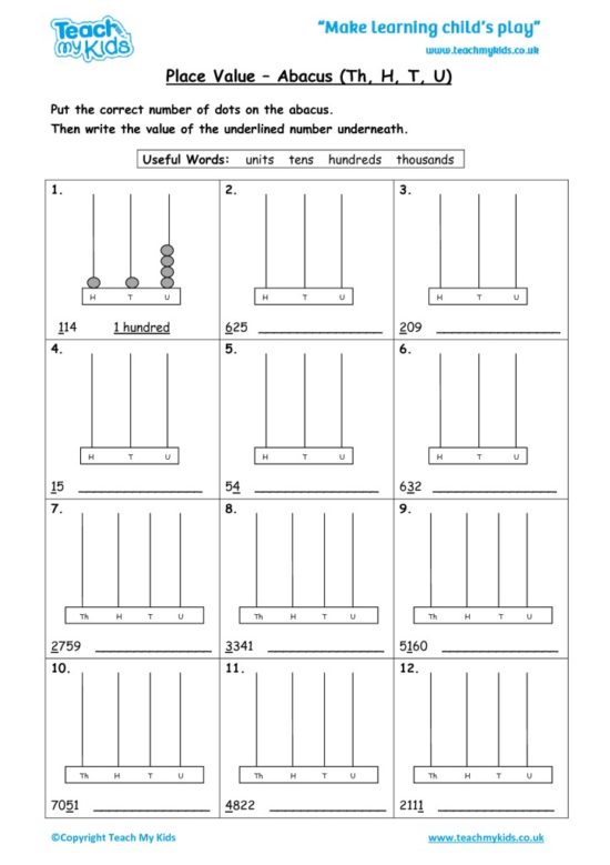 Worksheets for kids - place-value-abacus-thhtu