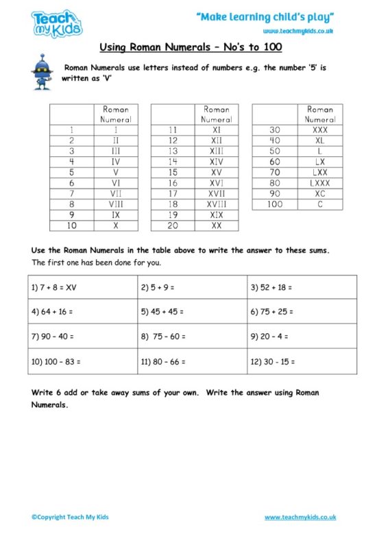 Worksheets for kids - using_roman_numerals_to_100_2
