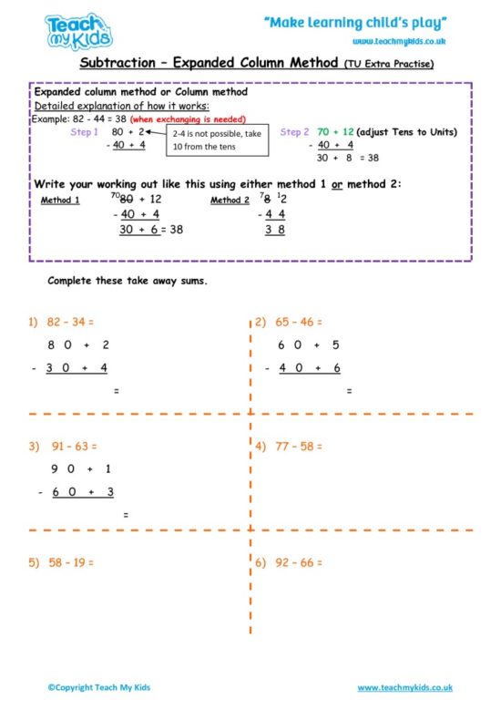 Worksheets for kids - subtraction -column expanded 2 extra