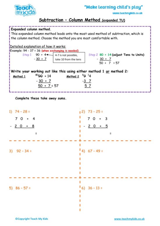 Worksheets for kids - subtraction -column expandedtu