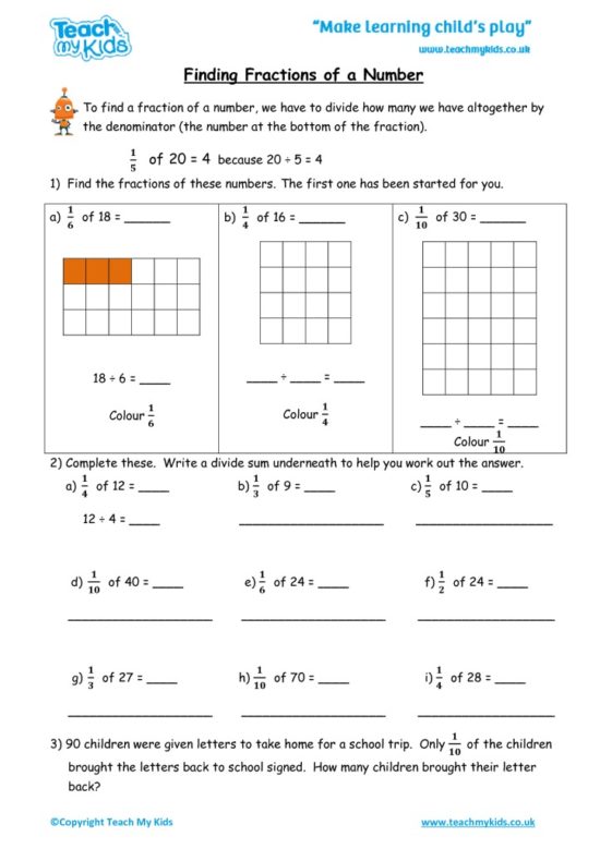 Worksheets for kids - finding fractions of a number
