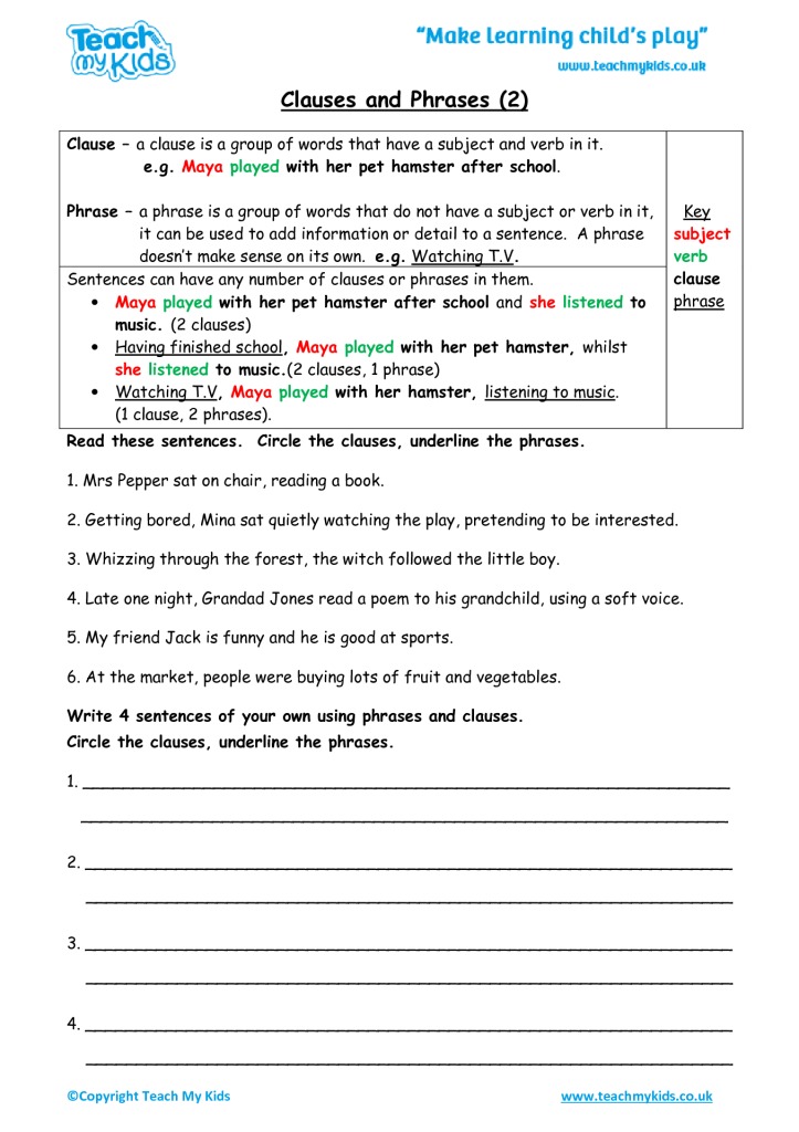 Clauses And Phrases Worksheets