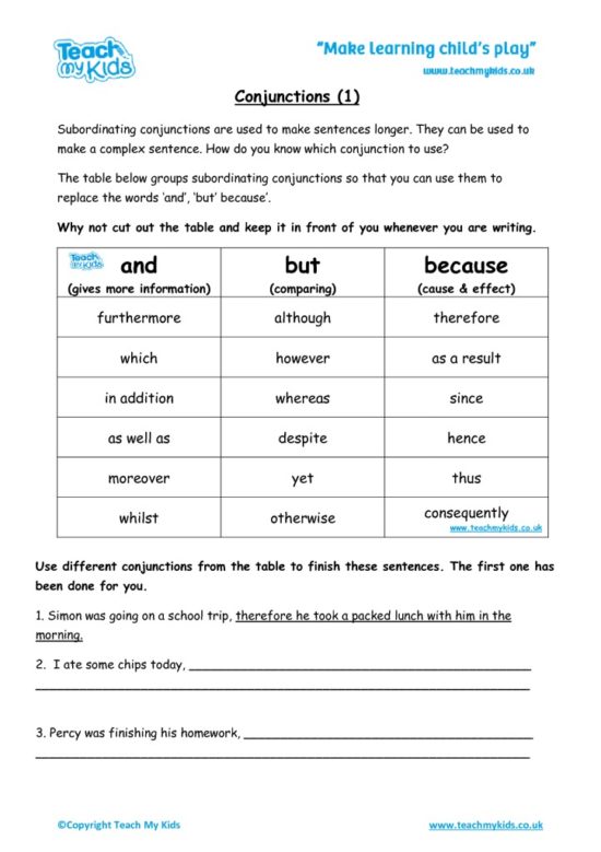Worksheets for kids - conjunctions 1