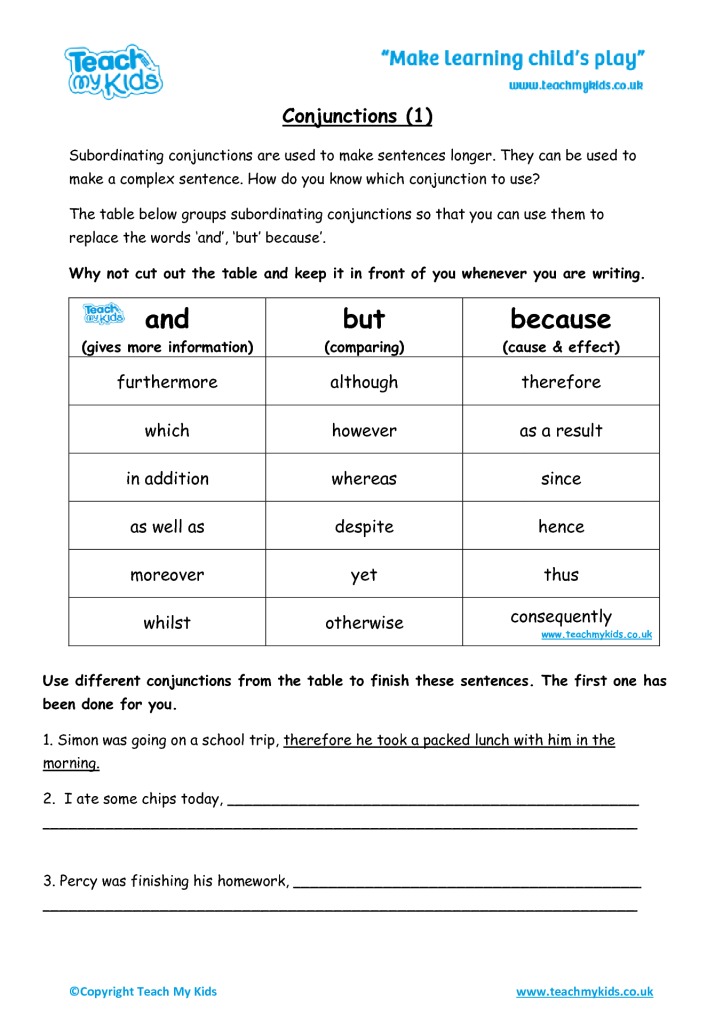 Subordinating Conjunctions Chart