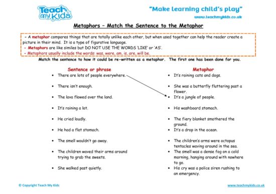 Worksheets for kids - metaphors-match-the-sentence-to-the-metaphor