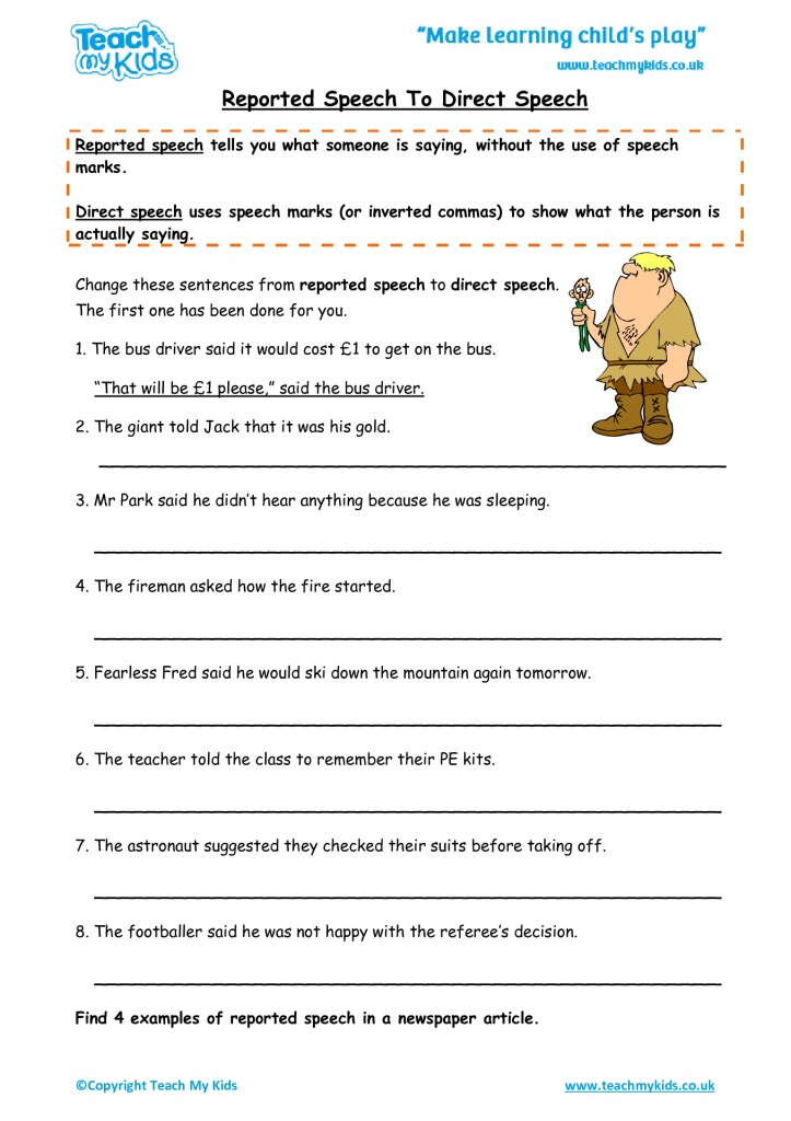 worksheets on reported speech for class 7