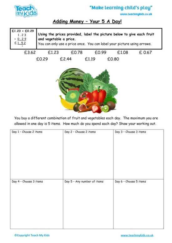 Worksheets for kids - adding_money_-_your_5_a_day