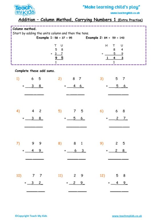 Worksheets for kids - addition-column-carrying-numbers-1-extra