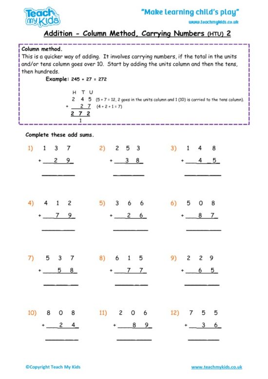 Worksheets for kids - addition-column-carrying-numbers-htu-2