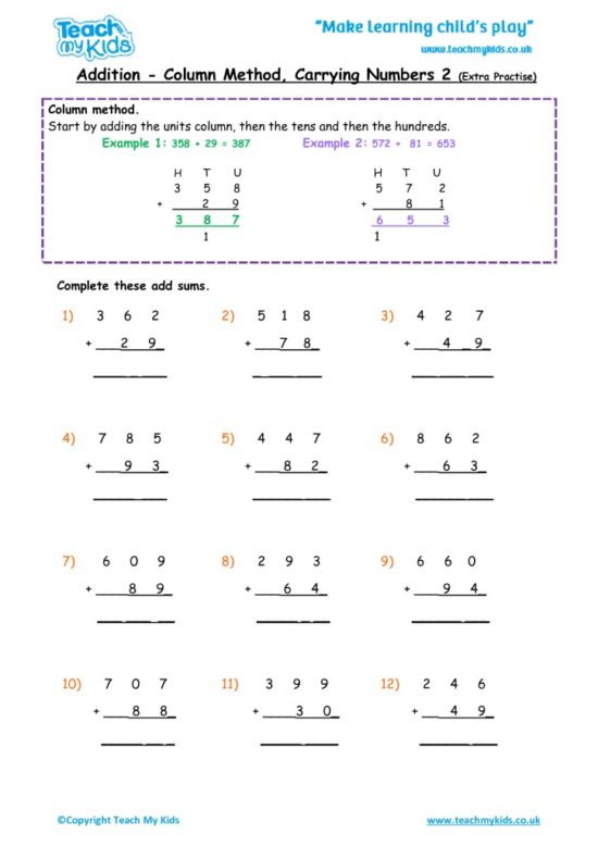 Worksheets for kids - addition-column-carrying-numbers2-extra