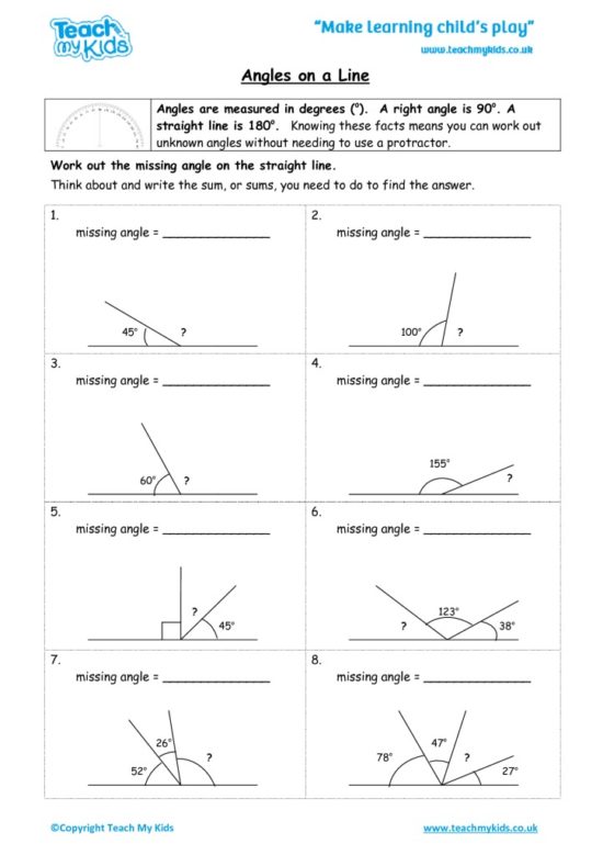 Worksheets for kids - angles-on-a-line
