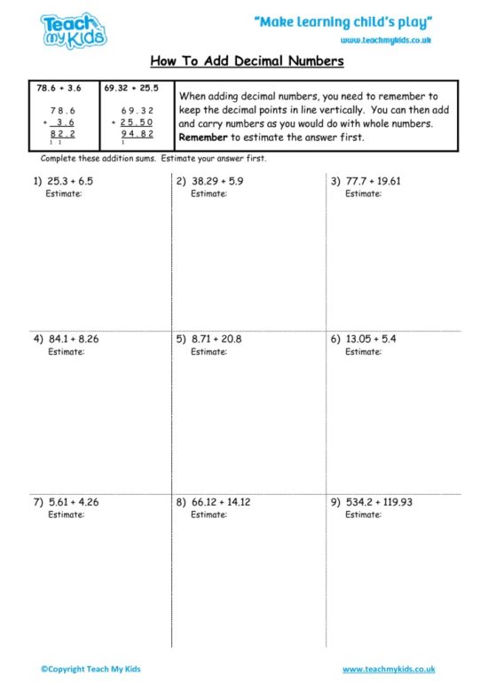 Worksheets for kids - how-to-add-decimal-numbers