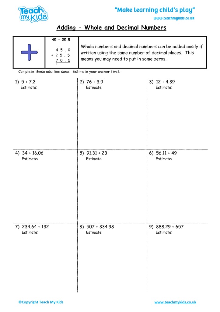 Adding Whole Numbers And Decimal Worksheets