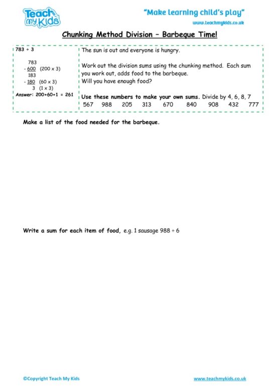 Worksheets for kids - chunking-method-division-barbeque-time