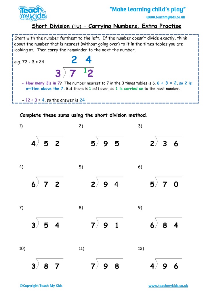 short division tu carrying numbers extra practise