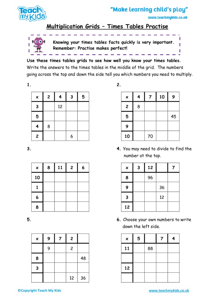 Multiplication Grid Worksheets Year 3