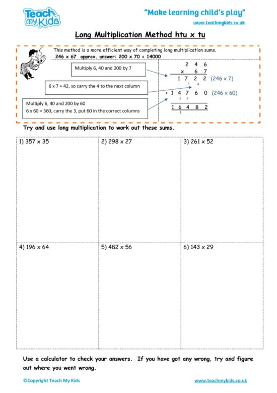 Worksheets for kids - long multiplication method – htu x tu