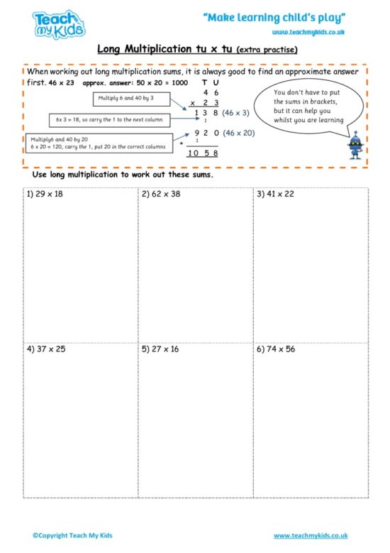 Worksheets for kids - long multiplication – tu x tu extra