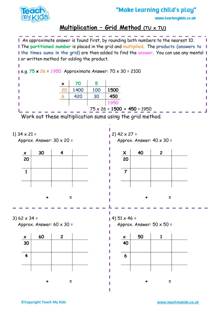 Grid Method Multiplication Worksheet