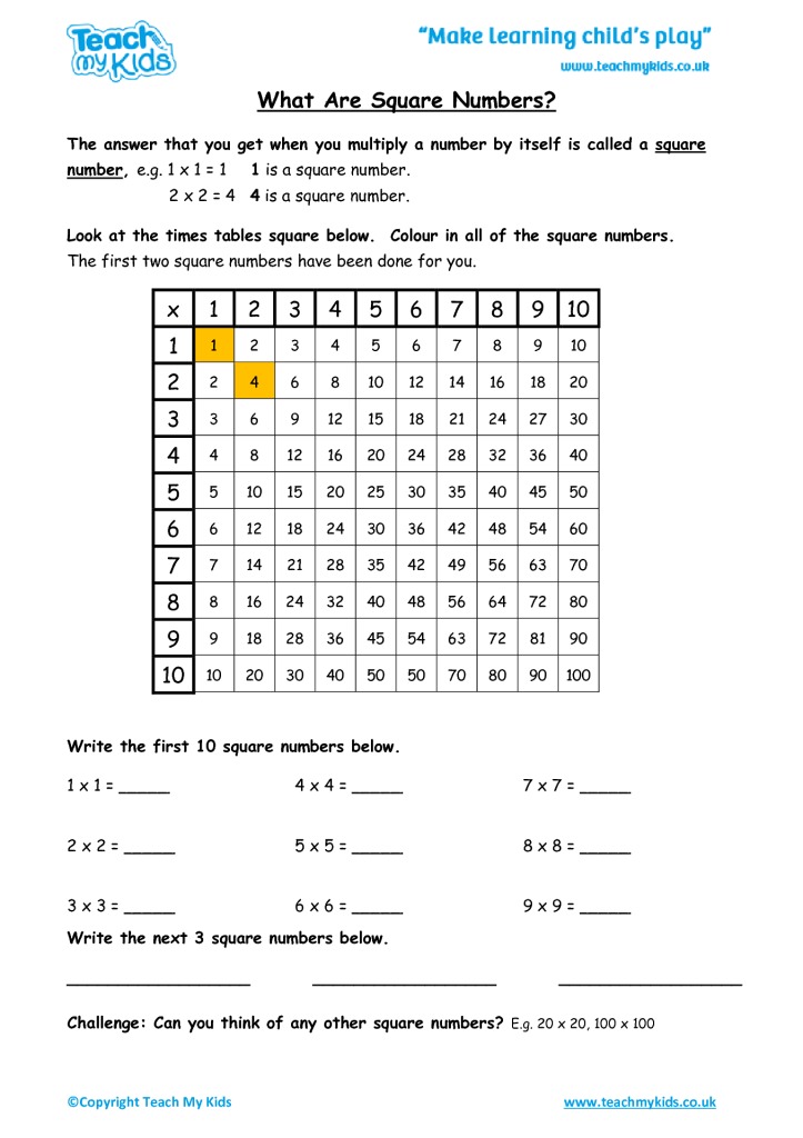 Square Number Worksheets