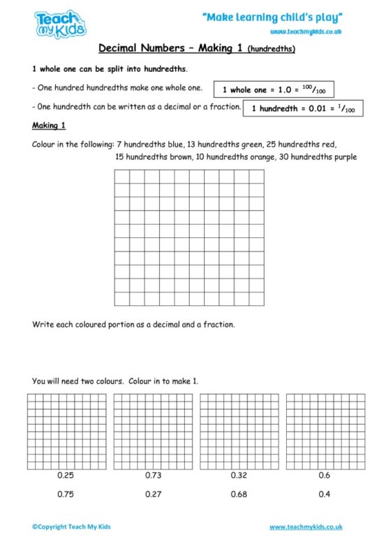 Worksheets for kids - decimal-numbers-making-1-hundredths