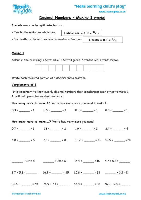 Worksheets for kids - decimal-numbers-making-1-tenths