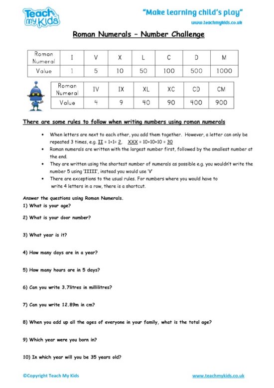 Worksheets for kids - roman_numerals,_number_challenge