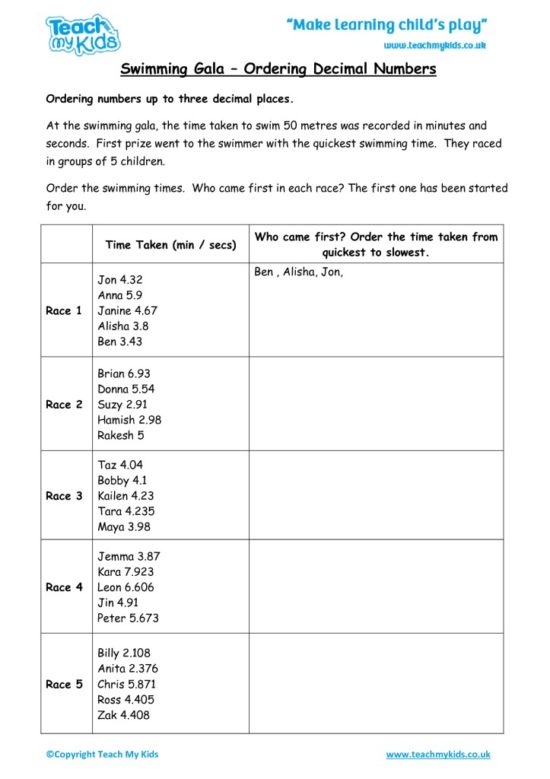 Worksheets for kids - swimming_gala_-_ordering_decimal_numbers
