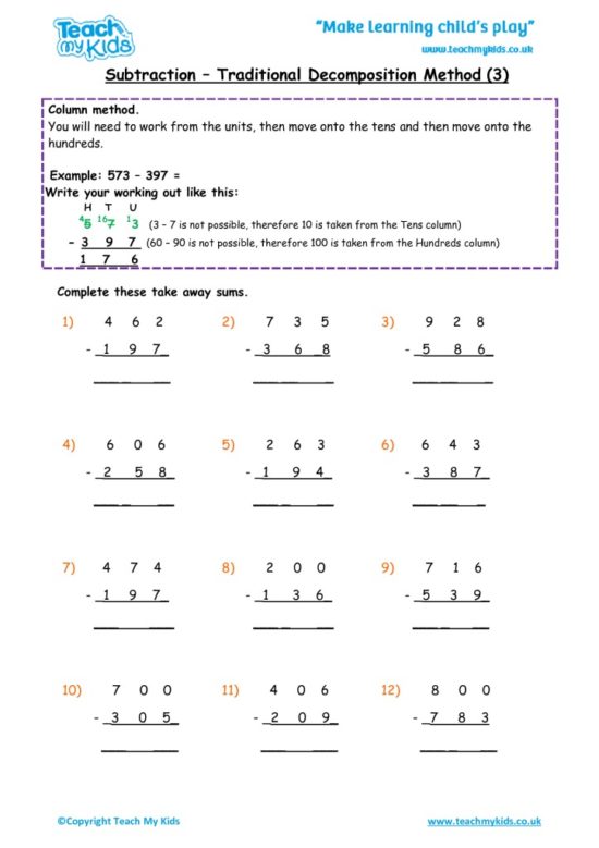 Worksheets for kids - subtraction-column-decompostion-htu-3