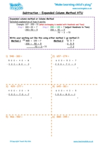 Worksheets for kids - subtraction -column expanded htu 4