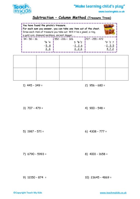 Worksheets for kids - subtraction_-column_method,treasure_trove