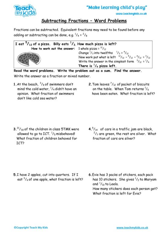 Worksheets for kids - subtracting fractions word problems