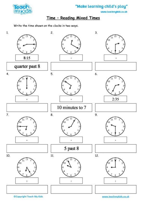 Worksheets for kids - time-mixed times 3