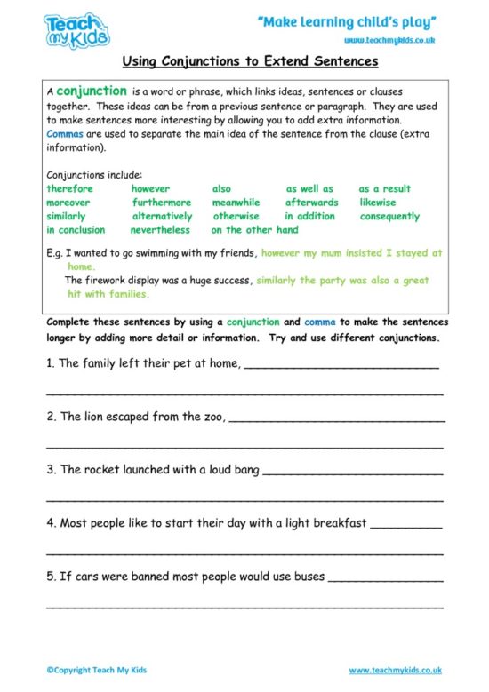 Worksheets for kids - Using-conjunctions-to-extend-sentences